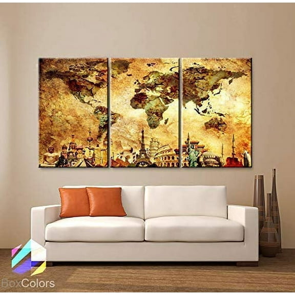 Original by BoxColors LARGE 30"x 60" 3 panels 30x20 Ea Art Canvas Print Map World Wonders of the World Old wall home decor (framed 1.5" depth) M1842
