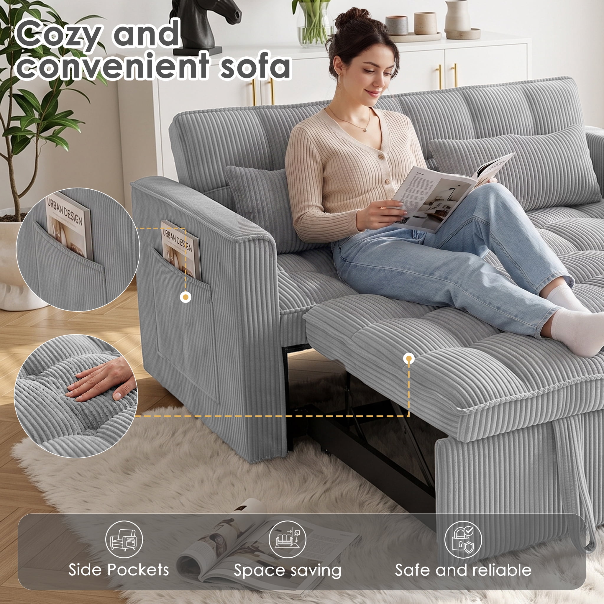 ShiKeyi 54" Corduroy Convertible Sofa Bed, 3 in 1 Pull Out Sleeper Sofa, Loveseat Couch with Storage Pocket, Light Gray