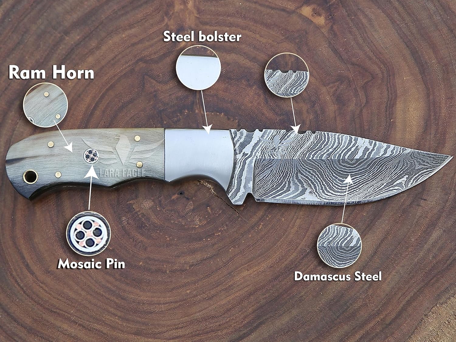Lara Eagle Damascus Hunting Knife - Fixed Blade Handmade Skinner with Sheath - 7.5 inch Survival Knife Great for Camping - Camel bone Handle with mosaic pin