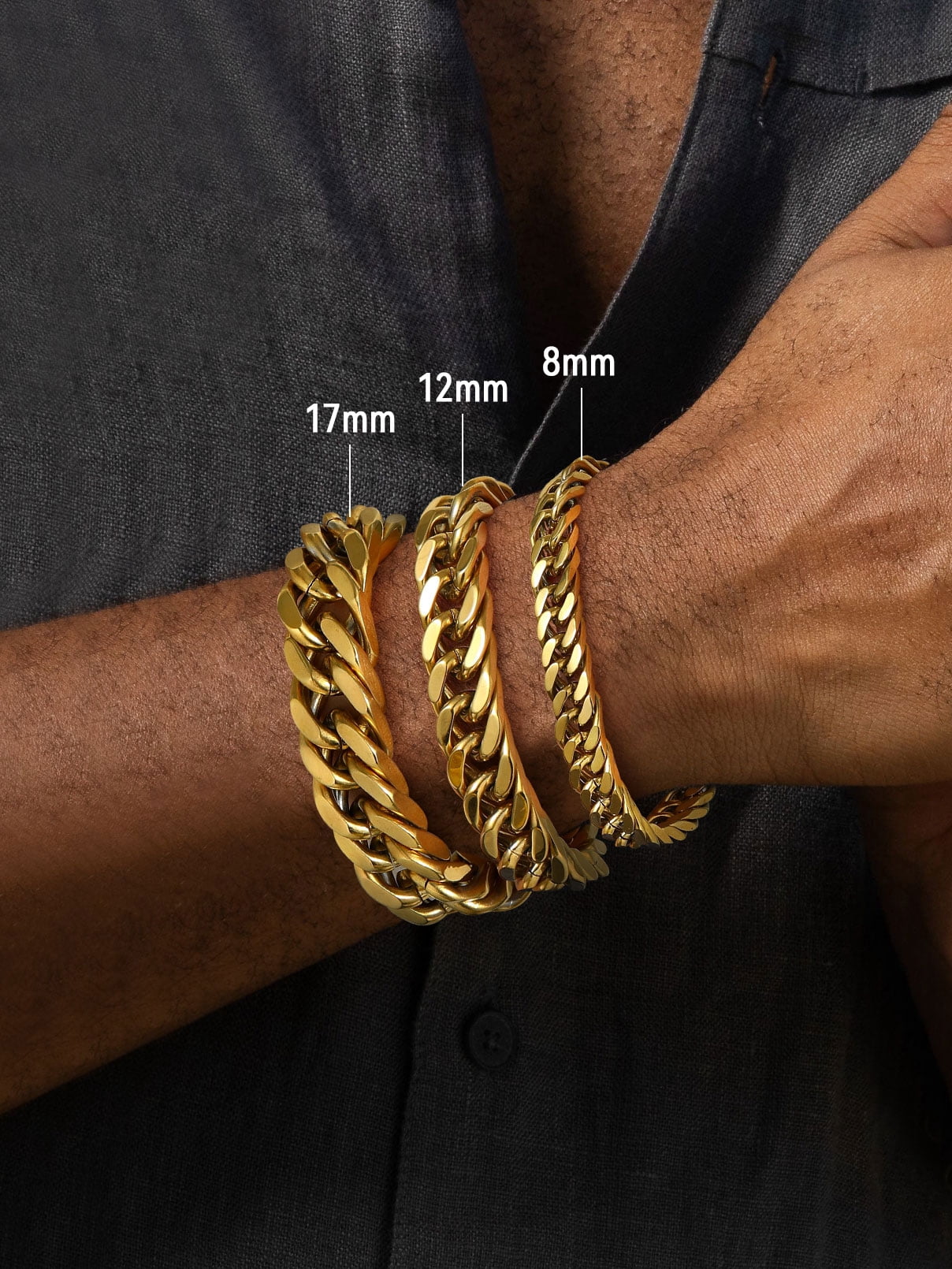 FaithHeart Cuban Curb Link Bracelets for Men, Gold Plated Stainless Steel Chain Wrist Bracelets Hip Hop Jewelry Gifts for Son Boyfriend Father's Day Christmas 17MM Width