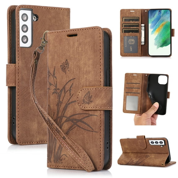 Flower&Butterfly Pattern Wallet Case for Samsung Galaxy S21 FE,Dteck Magnetic Leather Case Shockproof Rubber Kickstand Full Body Protective Cover with Wrist Strap,Brown
