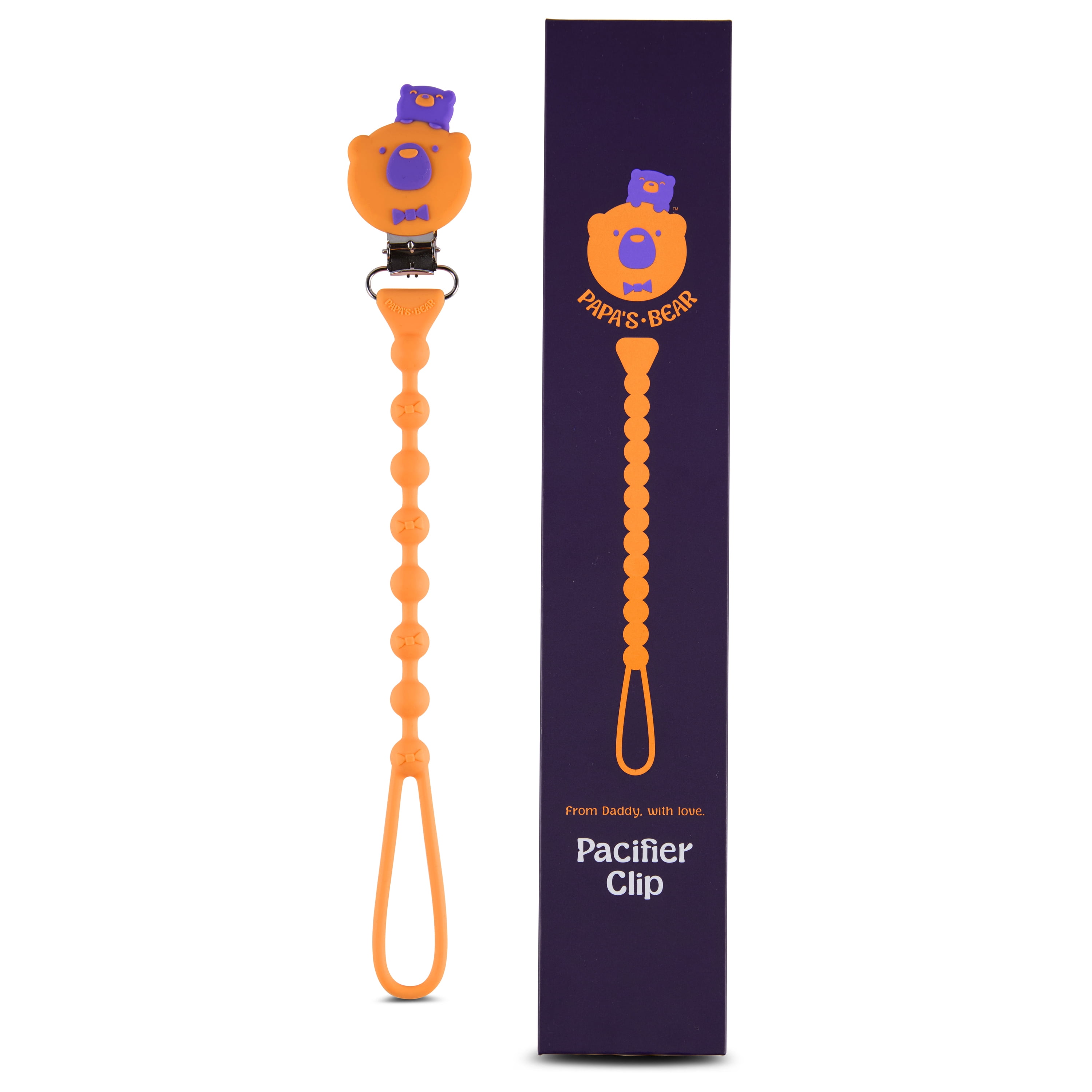 Papa’s Bear From Daddy with Love Silicone Pacifier Clip, Orange and Purple Pacifier Holder for Babies, 1 Count