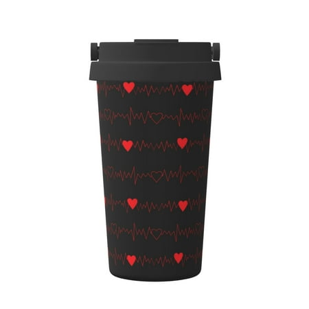 

Qekee Cardiogram and Heart Print Insulated Coffee Mug Coffee Tumbler Cup Thermos Mug Water Bottle with Handle & Flip