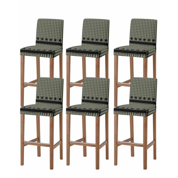 Sage Green Black Plaid Bar Stool Covers Set of 6, Vintage Star Buffalo Check Rustic Stretch Washable Bar Chair Covers with Backs, Removable Pub Counter Height Chair Cover for Kitchen Dining Room Cafe