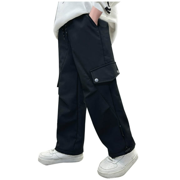 Busydd Boys Pants 9-17 Years Fashion Solid Color Teen Boys Pants Elastic Waist Drawstring Cargo Pants Casual Loose Kids Pants with Pockets
