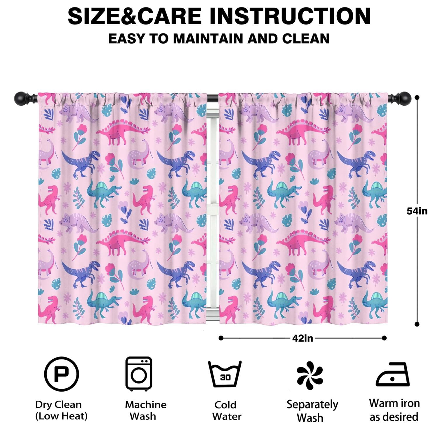Blackout Kids Curtains,Pink Dinosaurs Flowers Leaves Pattern Childrens Insulated Curtains Set Of 2,Bedroom Essentials,Toddler Room Decor 42"x54"