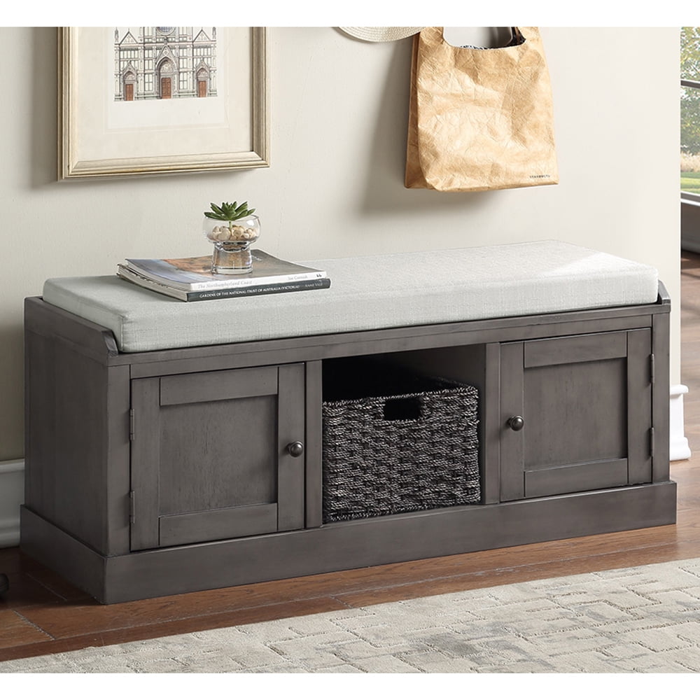 Lowestbest Wood Storage Bench with 2 Cabinets and 1 Basket for Entryway