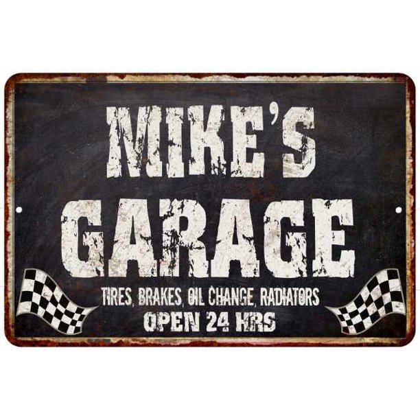 MIKE'S Garage Black Grunge Personalized Sign 16 x 24 Matte Finish Metal