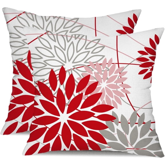 Red and Pink Grey Floral Pillow Covers 18x18 Set of 2 Outdoor Waterproof Decorative Throw Pillows Valentines Pillow Covers Polyester Cushion Case Decor for Couch Patio Funiture Garden Porch 01X18