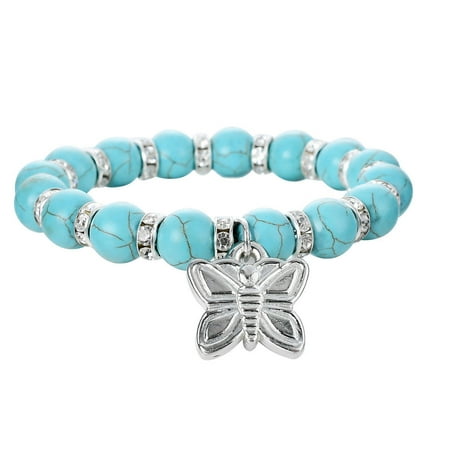 Vintage Spacer - Faux Turquoise Round Stone Stretch Bracelet w/ Crystal Spacers & a Rhodium Plated Vintage Butterfly Pendant By JADA Collections