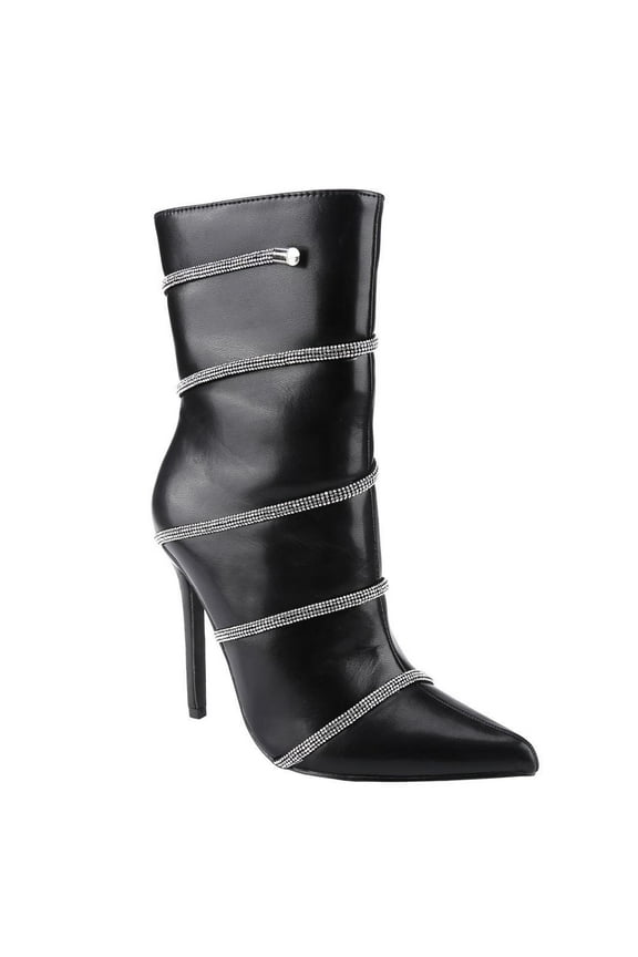 SHARPE-14 Women's Stiletto Ankle Boots Sexy Pointed Toe Crystal Straps Embellished Booties Slip-on High Heels Boots Girl Footwear Shoe Walking Shoes Bota 2 Inch Knee Bridal