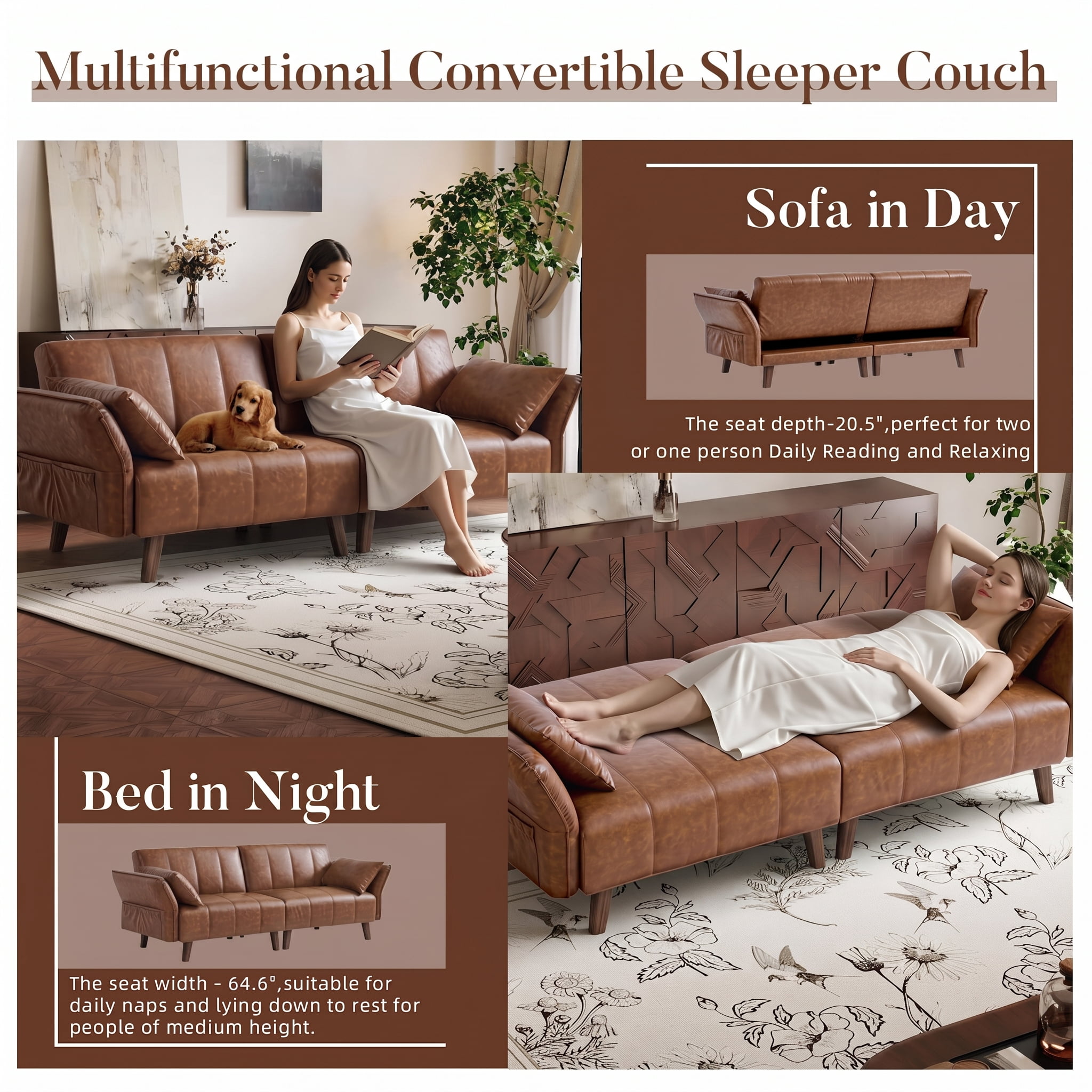 77" Faux Leather Sofa,Mid Century Modern Convertible Futon Sofa Bed Loveseat with Adjustable Armrest and Backrest,2 Pillows for Living Room,Office,Brown