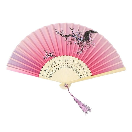 

Trayknick Back School Folding Fan Anti-deform Chinese Style Bamboo Tassel Flower Printed Handheld Fan for Home