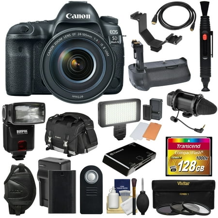 Canon EOS 5D Mark IV 4K Wi-Fi Digital SLR Camera & 24-105mm f/4L IS II USM Lens + 128GB CF Card + Battery & Charger + Grip + Case + Flash + LED Light + Mic (Best Cf Card For Canon 5d Mark Iii)