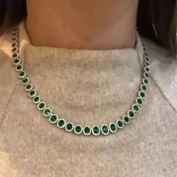 18CT Oval Cut Lab Created Emerald Women's Tennis Necklace 14K White Gold Finish