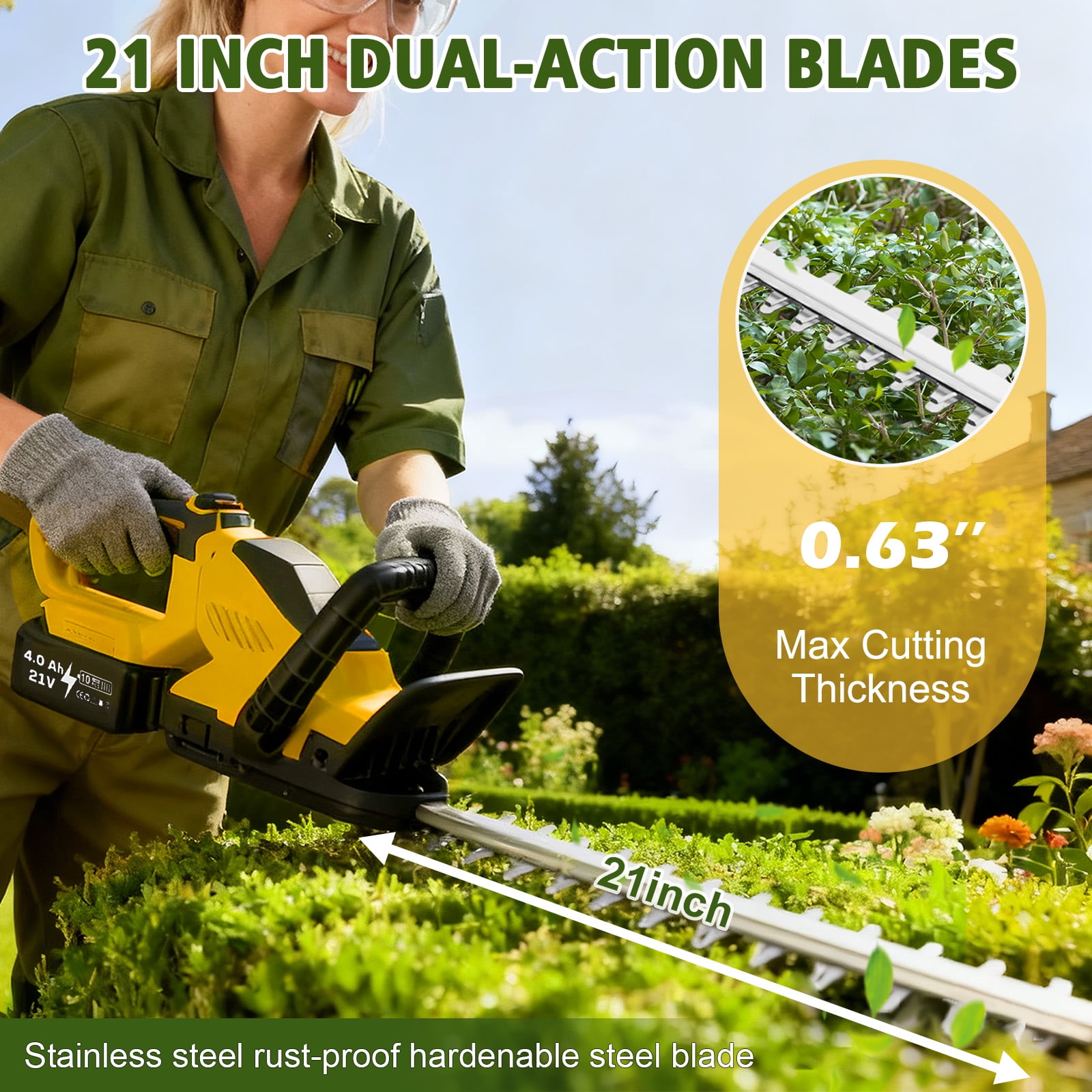 GiftGalore 21V Cordless Hedge Trimmer, 2-in-1 Hedge & Shrub Shear with 21-Inch 180° Rotating Head, 2×4.0Ah Lithium Battery & Charger Included, 120Min Runtime, Yellow