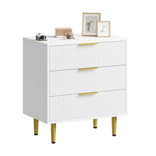 QinaQin Cómoda moderna de 3 cajones con frente acanalado, mueble de madera con detalles metálicos para recámara, sala o recibidor