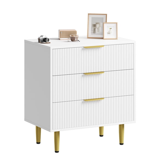 QinaQin Cómoda moderna de 3 cajones con frente acanalado, mueble de madera con detalles metálicos para recámara, sala o recibidor
