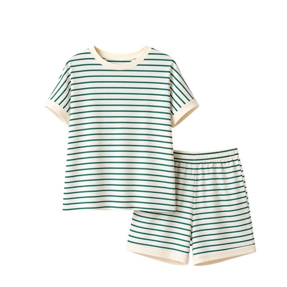 Kaemgyyd 2 Piece Lounge Sets for Women Summer Striped Crew Neck Top Shorts Matching Sets Color Block Sleepwear(Green,X-Large)