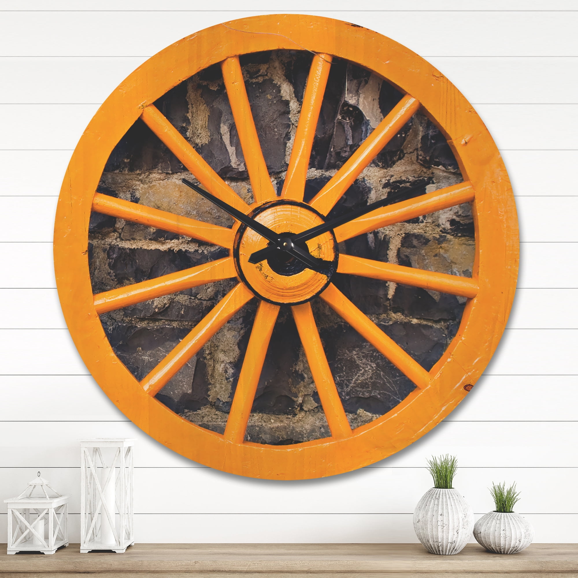 Designart 'Yellow Vintage wooden Wagon Wheel' Farmhouse Wood Wall Clock