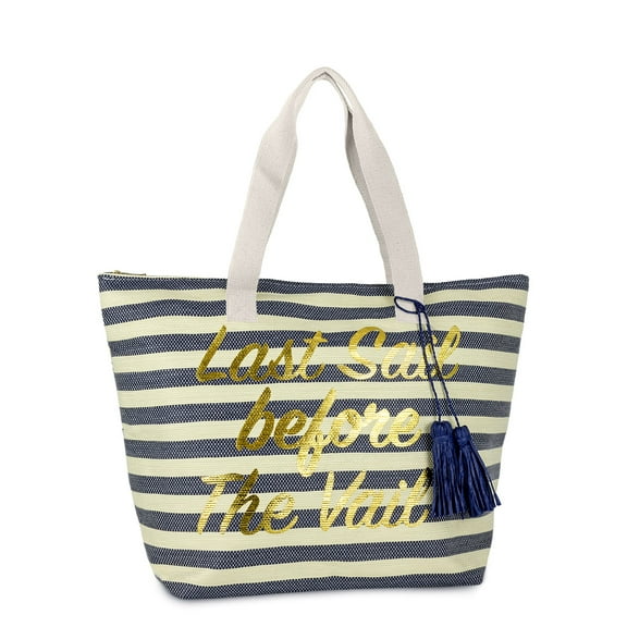 Women's Stripe Paper Straw Last Sail Before The Vail Insulated Beach Tote Bag with Metallic Words, Tassel and Flat Handel