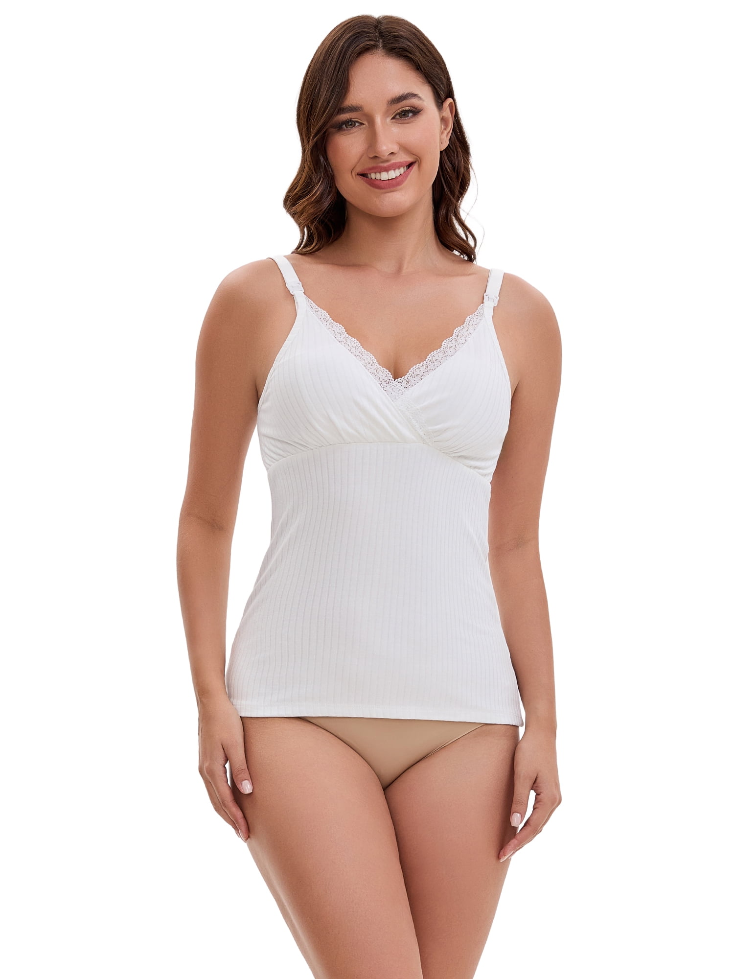 DARING DIVA Women's Crisscross Nursing Lace Trim Maternity Camisole Tank Tops M White