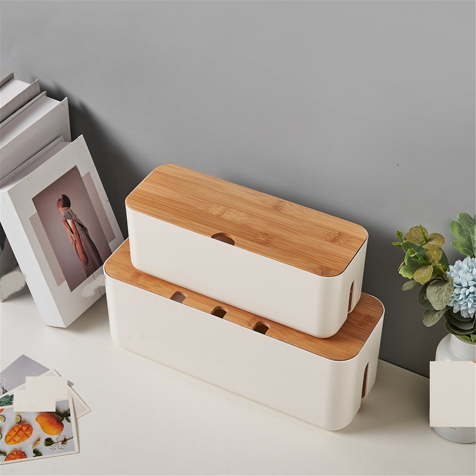 MOPOOR 2PCS White Cable Management Box with Wood Lid Desk TV Wood Lid Computer USB Hub Cable Organizer Box To Cover and Hide Power Strips Wires for Home Office