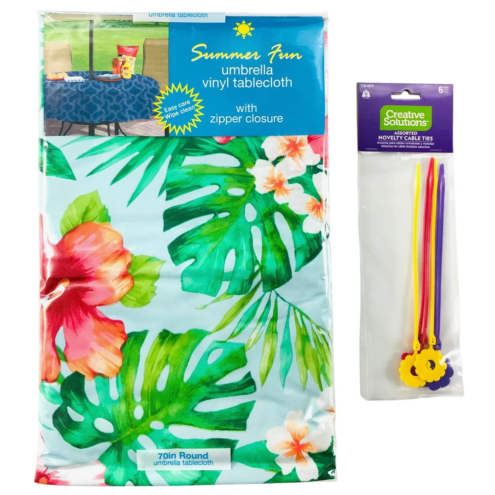 Elrene Summer Vinyl Tablecloths Umbrella Hole with Zipper 70" Round