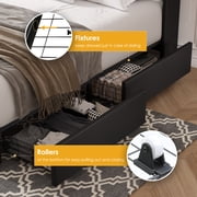 Homfa Black Full Size LED Bed Frame with 2 Storage Drawers, Modern PU Leather Crystal Button Upholstered Platform Bed Frame with Outlets and USB Ports & Display Platform