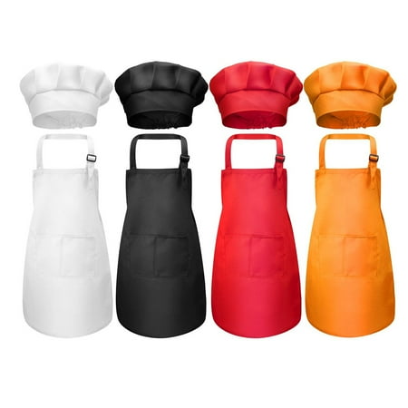 

GuliriFei Kid s Craft Apron with Chef Hat Set Children Junior Chef Coach Front Pocket Bib Apron Cooking Baking Cap