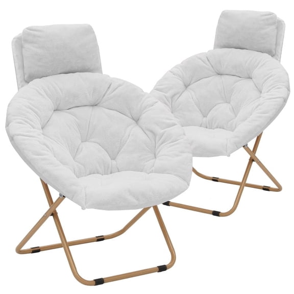 BEZT 2Pcs Faux Fur Folding Saucer Chair w/Pillow,Metal Frame Lounge Moon Chair for Bed/Living,White Seat/Gold Stand