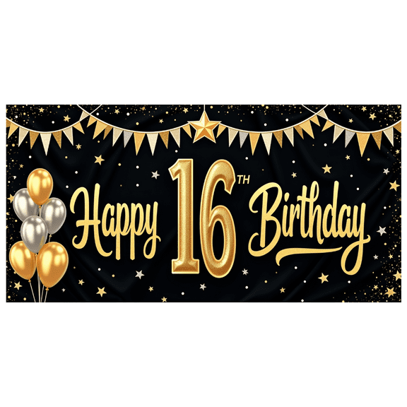 Yatrandify Golden Balloons Happy Birthday Party Banner Decorative Flag for Sweet 16 Indoor Event Celebration