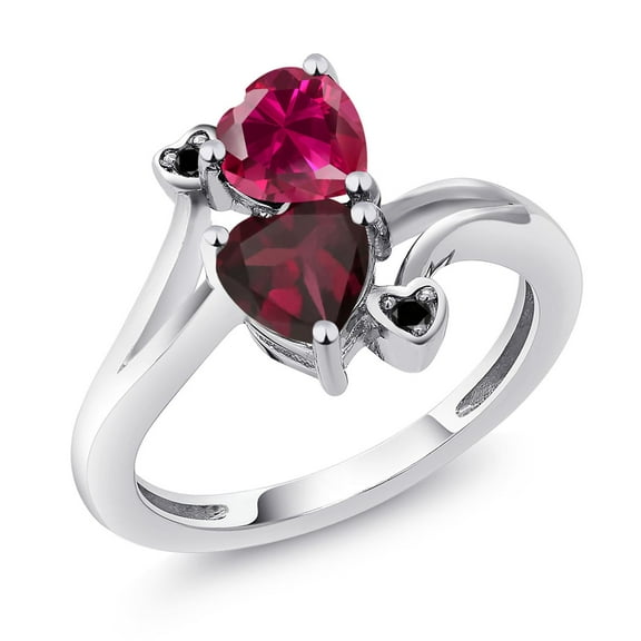 Gem Stone King 925 Sterling Silver Red Created Ruby Red Rhodolite Garnet and Black Diamond Ring for Women (1.72 Cttw, Heart Shape 6MM, Gemstone July Birthstone, Size 9)