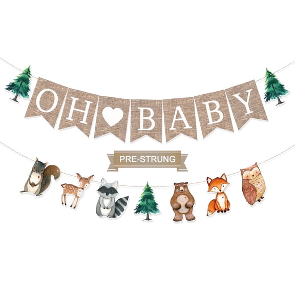 Wowhub Pre-Strung 6ft Burlap Oh Baby Banner for Woodlands Baby Shower Decorations,Neutral Forest Animals Gender Reveal Party Decor, Flaxen