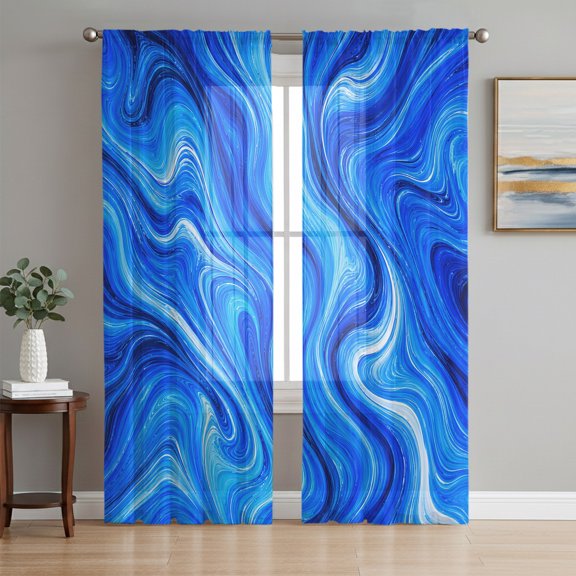 Modern Abstract Sheer Curtains 84 Inch Length 2 Panels Set, Boho Minimalist Marble Liquid Art Blue Voile Window Treatment Rod Pocket Curtains Sheers Drapes for Bedroom/Living Room/Kitchen 52"x84"x2