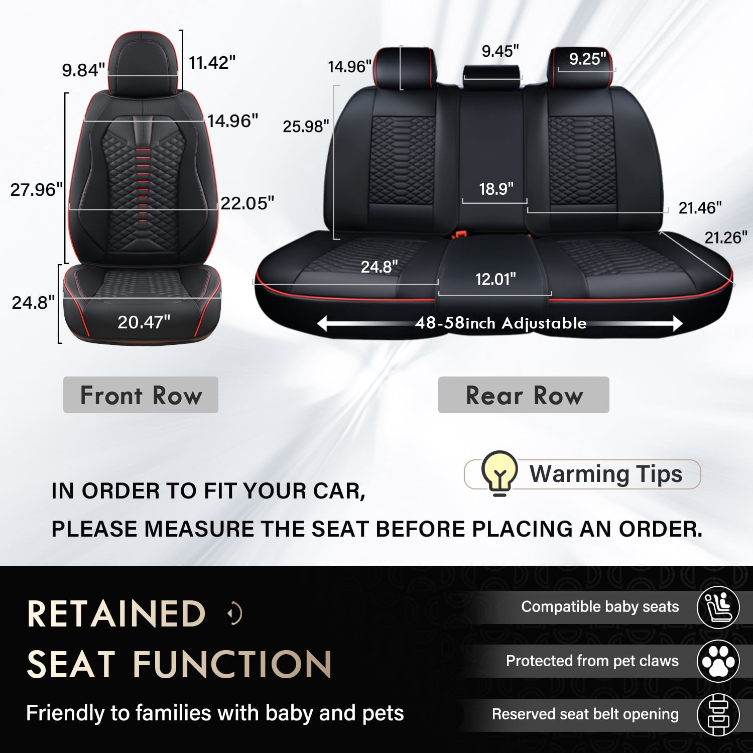 Coverado Black and Red Trim Car Seat Covers Full Set, Premium Leather Front and Rear Split Bench Cover, Automotive Seat Protectors Universal Fit for Most Cars, SUVs and Trucks