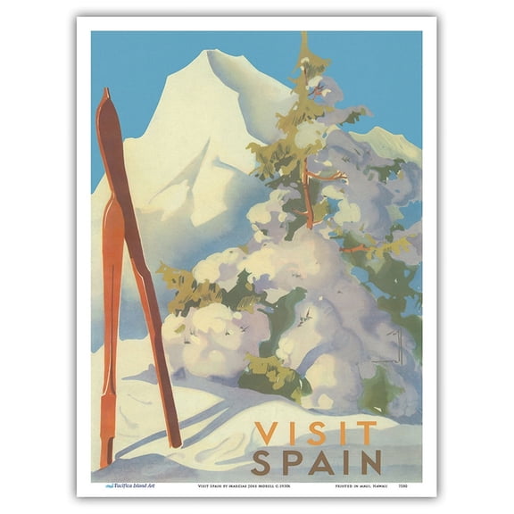 Visit Spain - Ski in Catalan Pyrenees - Vintage Travel Poster by Marcias Jose Morell c.1930s - Master Art Print (Unframed) 9in x 12in