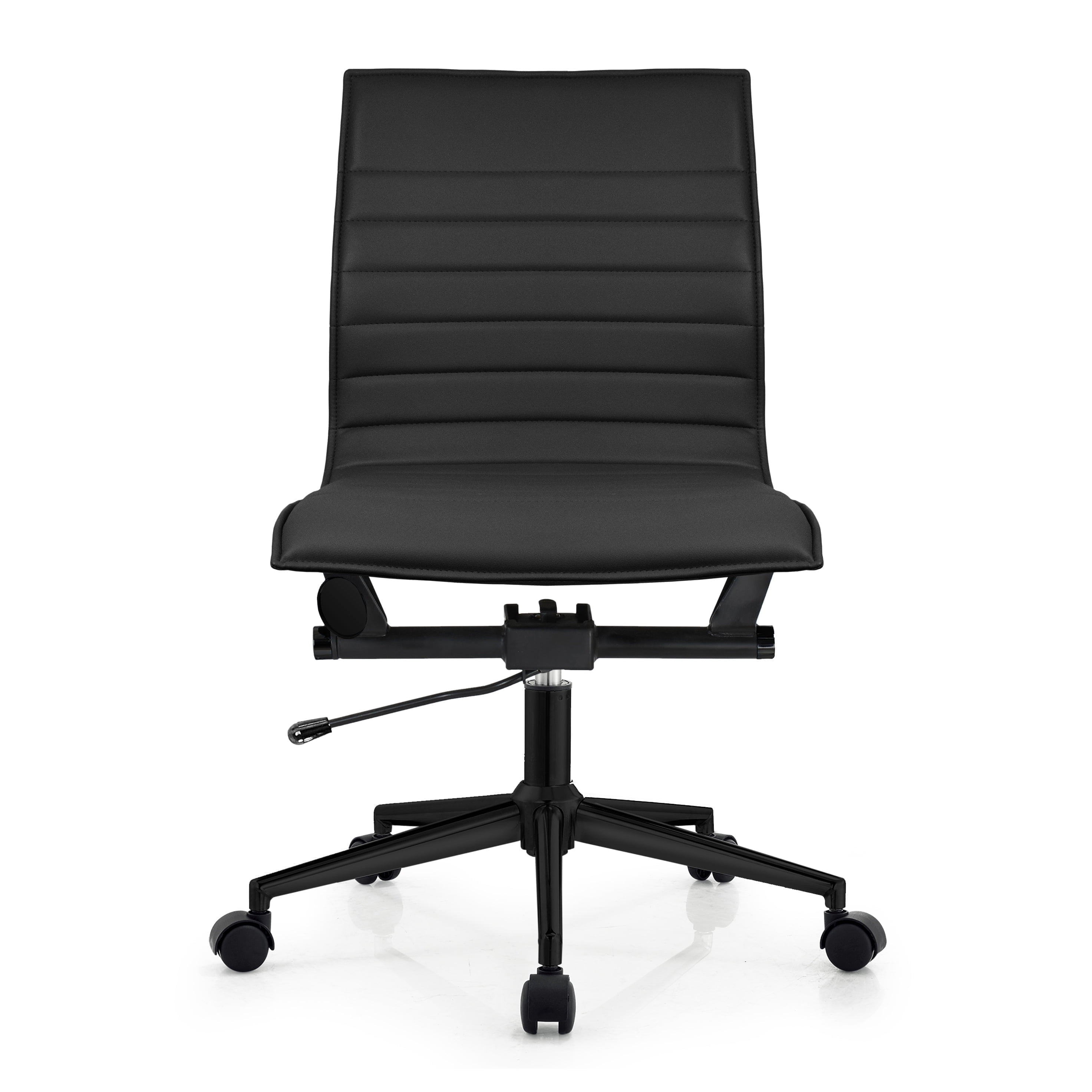 2xhome All Black Mid Century Contemporary Executive Office Chair Mid back PU Leather Rest Arms Tilt Adjustable Height With Wheels Back Support Task Chrome Armless Ergonomic, Set of 1, 1 piece