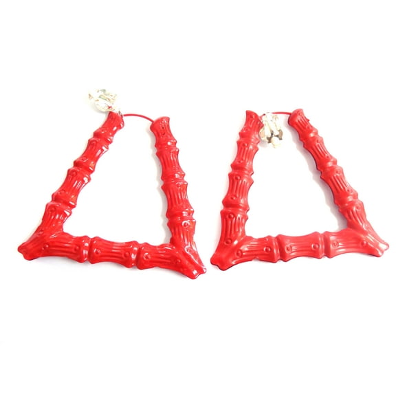 Clip-on Earrings Red Trapezoid Hoop Earrings Bamboo 4 inch Large