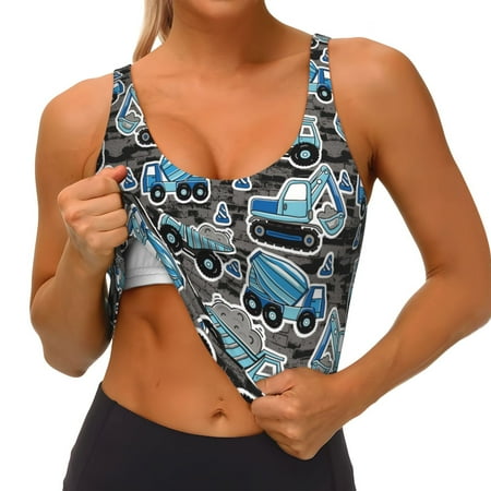 Qokaie Blue Excavator Pattern Womens Scoop Neck Sports Bra Breathable Workout Vest Padded U Back Medium Impact Fitness Gym Yoga Bra Workout Crop Top