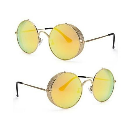 Indie Old School Goth Steampunk Side Shield Mens Womens Round Sunglasses Gold/RE