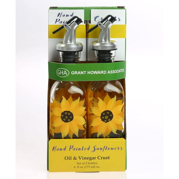 Grant Howard 6 oz Mini Glass Oil & Vinegar Cruet Set – Hand Painted Sunflower Design with Pour Spouts, 2-Pack