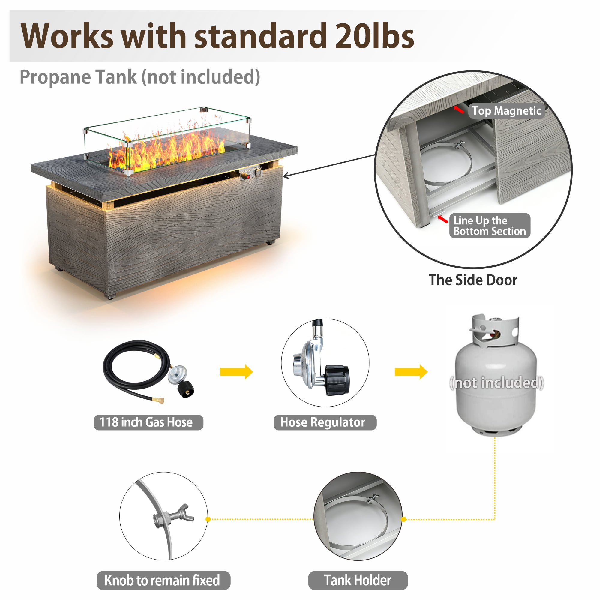 51 in. Propane Rectangular Fire Pit Table with LED Light, 50,000 BTU Coating Steel Tabletop Fire Pit (Gray Wood Grain)