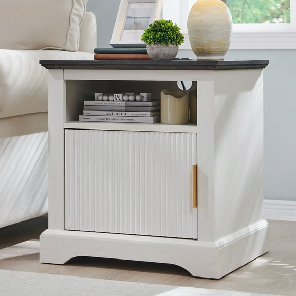 wow97e Fluted End Table with Charging Station, Wood Nightstand w/Open Shelf & Spacious Tabletop for Bedroom, Living Room, White