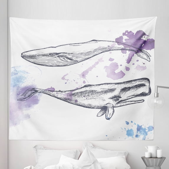 Whale Tapestry, Grunge Ocean Mammals with Paintbrush Effects and Brushstroke Murky Art, Fabric Wall Hanging Decor for Bedroom Living Room Dorm, 5 Sizes, Lavender Grey Blue, by Ambesonne