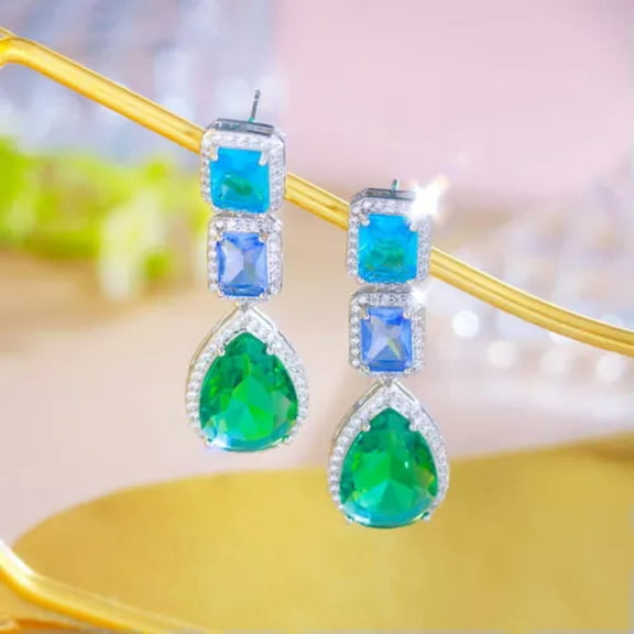 Blue Silver Plated Cubic Zirconia Long Square Dangle Water Drop Earrings Jewelry