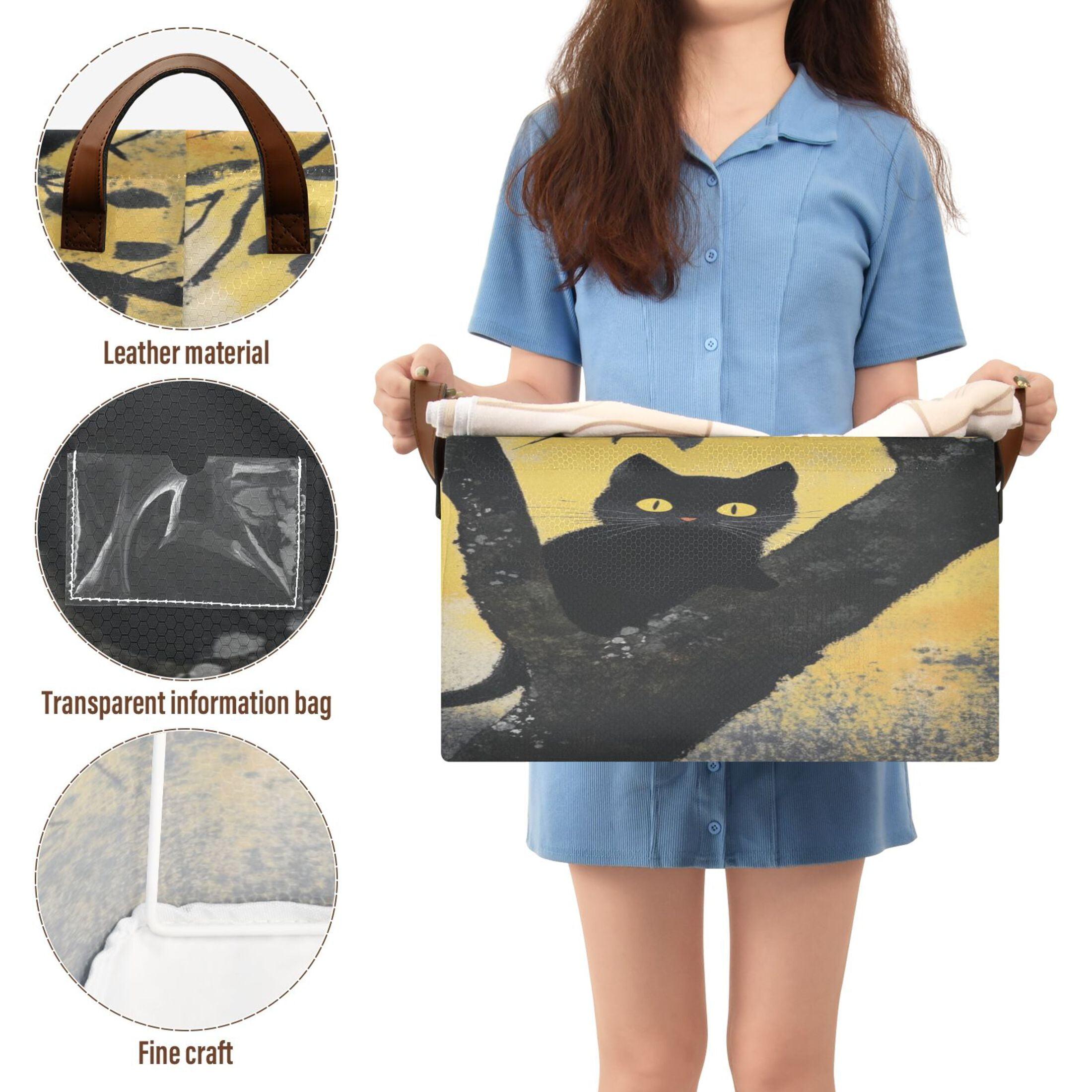 Black Cat Storage Basket Soccer Plaid Fabric Hoard Box Oversized Collapsible Closet Organizer with Metal Iron Frame 16.9×11.4×10in