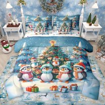 Manfei Cute Animal Penguin 7-Piece Bedding Comforter Set for Boys Girls,Xmas Tree King Bedding Sets,Happy Winter Christmas Ultra Soft Bed Sheets,Lightweight Room Decor,Reversible