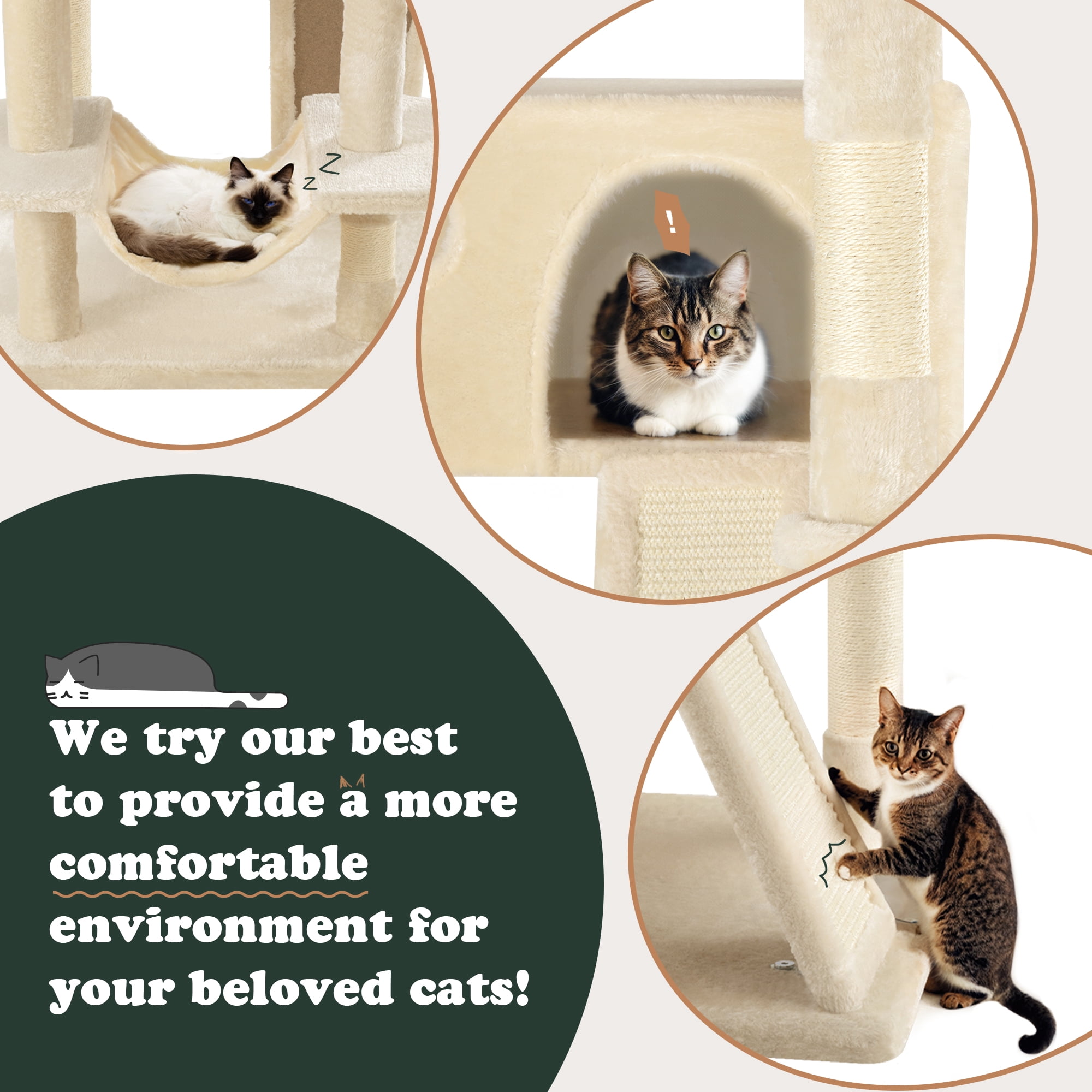 Amolife 65.7" Large Cat Tree and Tower Condo for Indoor Cats with 2 Scratching Boards, Hammock & Post, Beige
