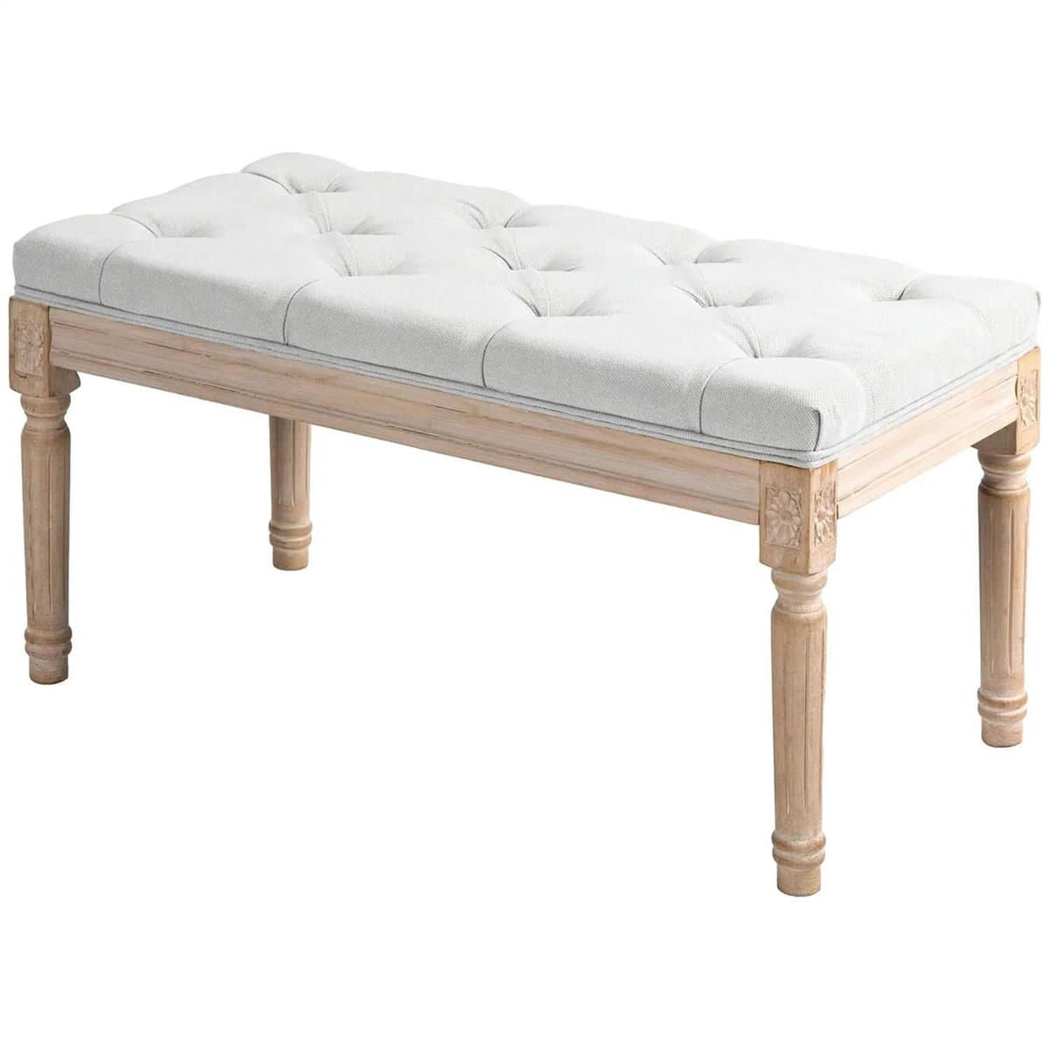 Demi Bonn 32" Luxe Linen Upholstered Bench, Thick Cushioned End of Bed Bench with Wooden Legs for Bedroom Seating, White